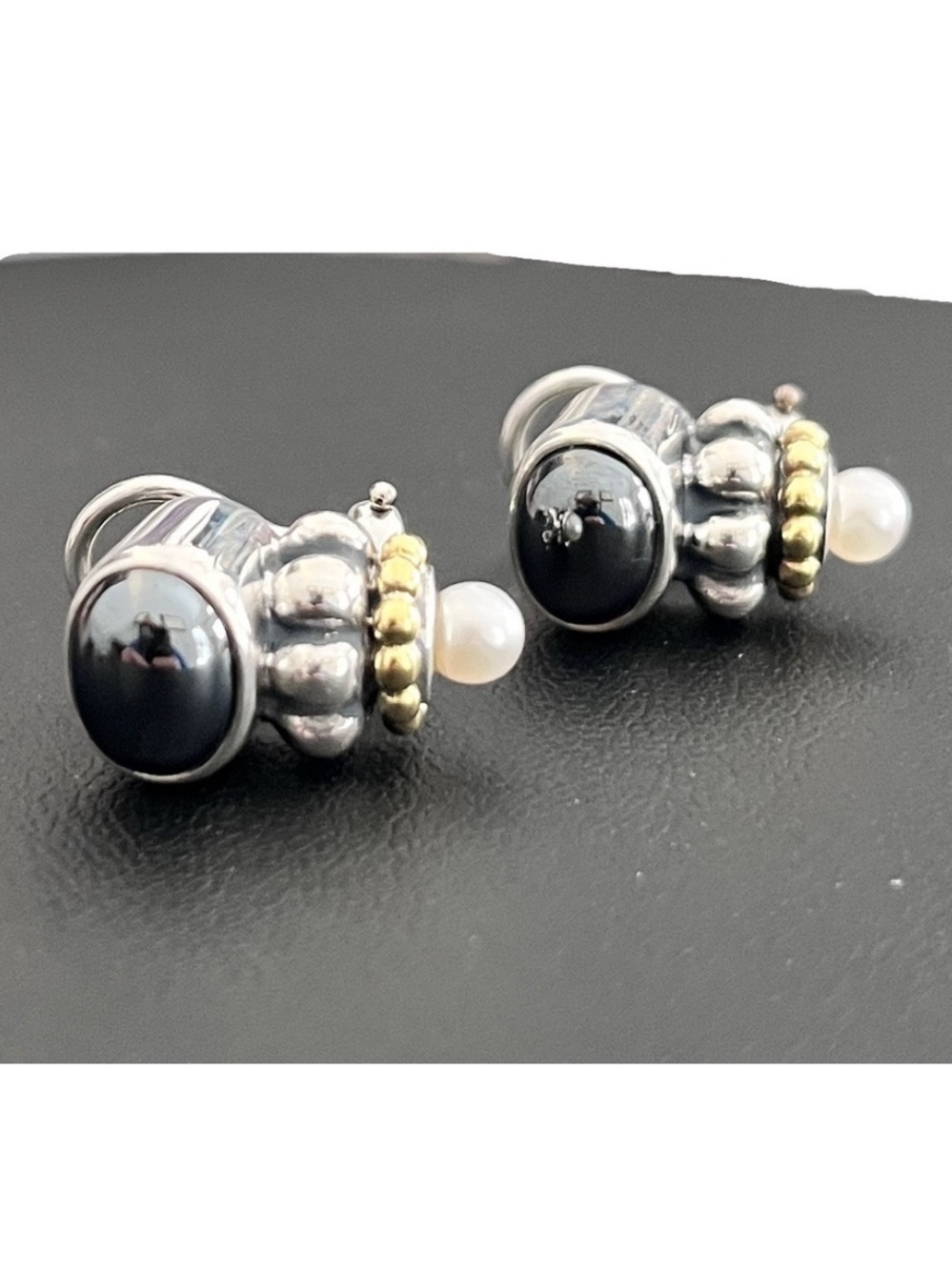 Vintage Lagos Hematite, Pearl, Sterling Silver and 18kt Yellow Gold Earrings - Picture 3 of 11